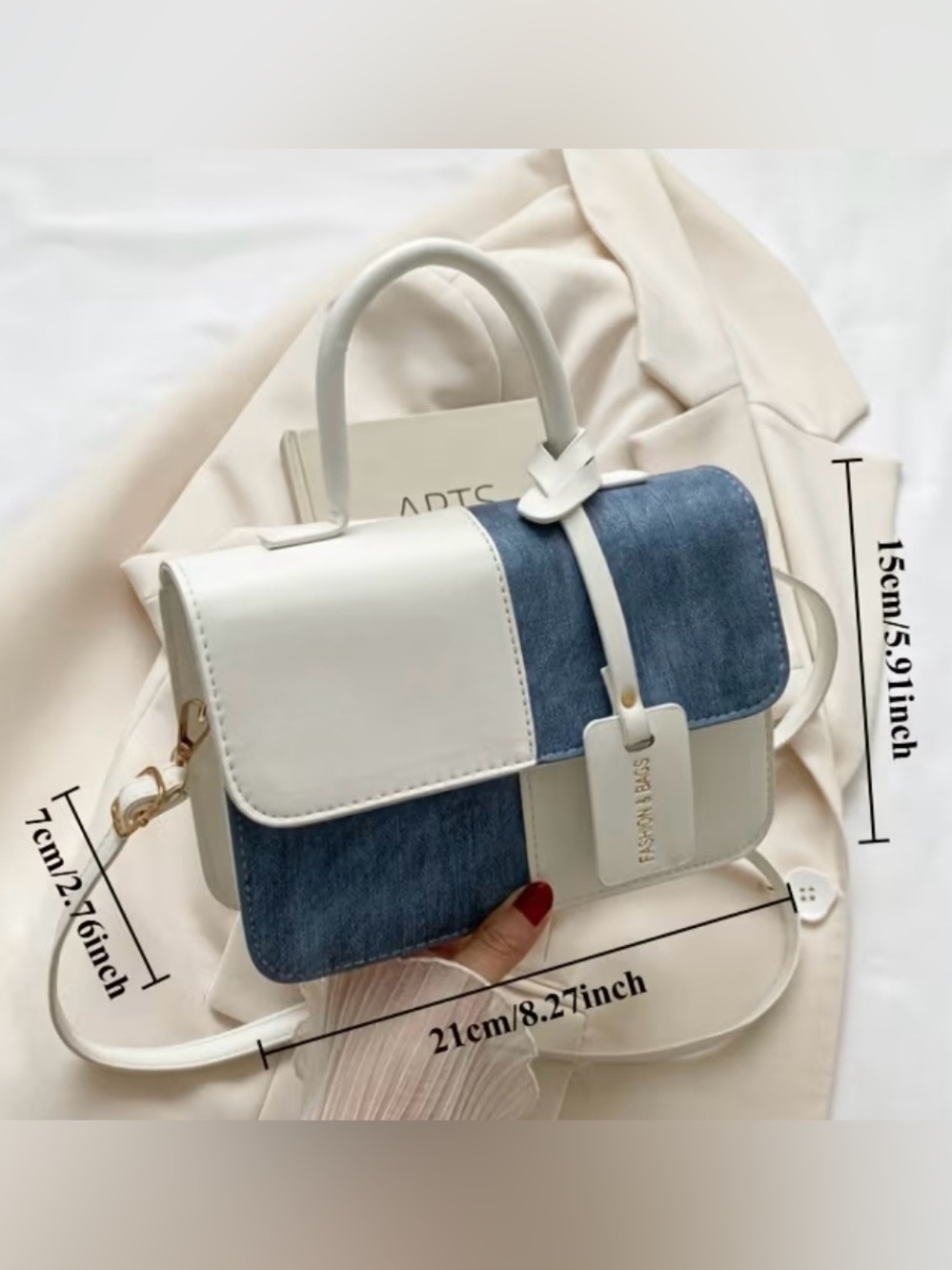 Two-Tone White and Denim Patchwork Top-Handle Crossbody Bag - Picture 4 of 7